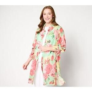 NWT Susan Graver Floral Printed Woven Clip Jacquard Button Front Duster sz SP